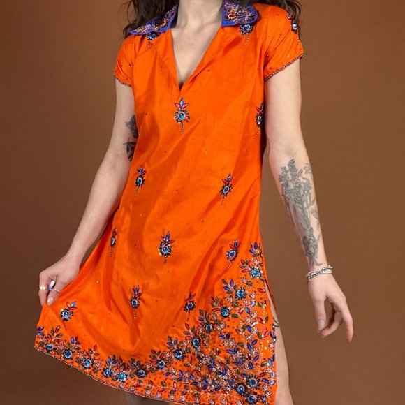 Bright Orange and Blue Short Sleeve Beaded Bedazzled Collared Tunic Dress - Picture 1 of 6